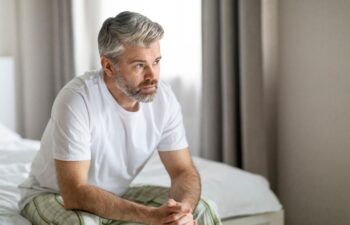 Pensive thoughtful unhappy handsome grey-haired bearded mature caucasian man wearing pajamas sitting on bed at home, looking at copy space, feeling lonely, going through divorce